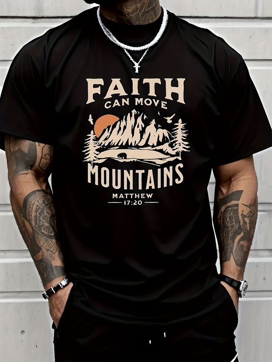 FAITH CAN MOVE MOUNDAINS Men's Round Neck Short Sleeve T-shirt With Letter Printing, Casual Summer T-shirt