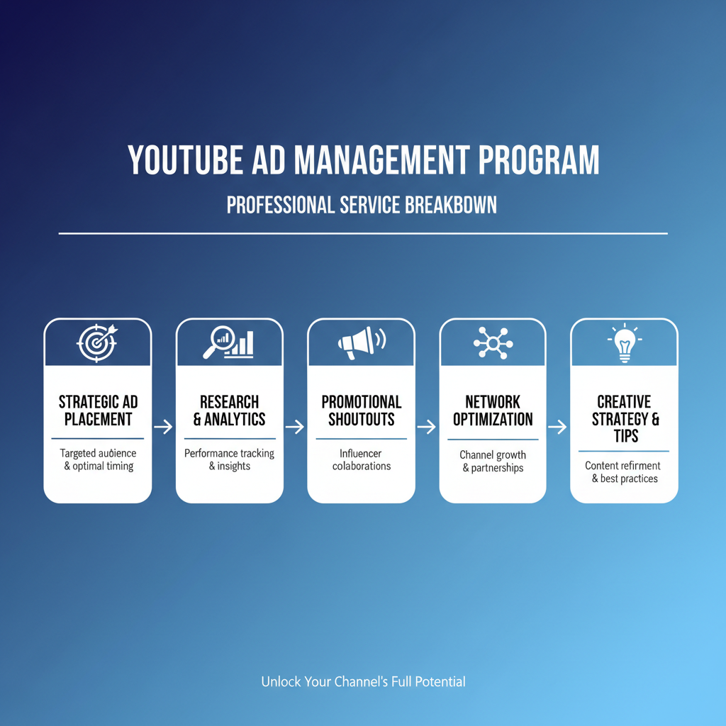 Service features breakdown showing strategic ad placement, custom research, shoutouts, network listing, and monthly tips