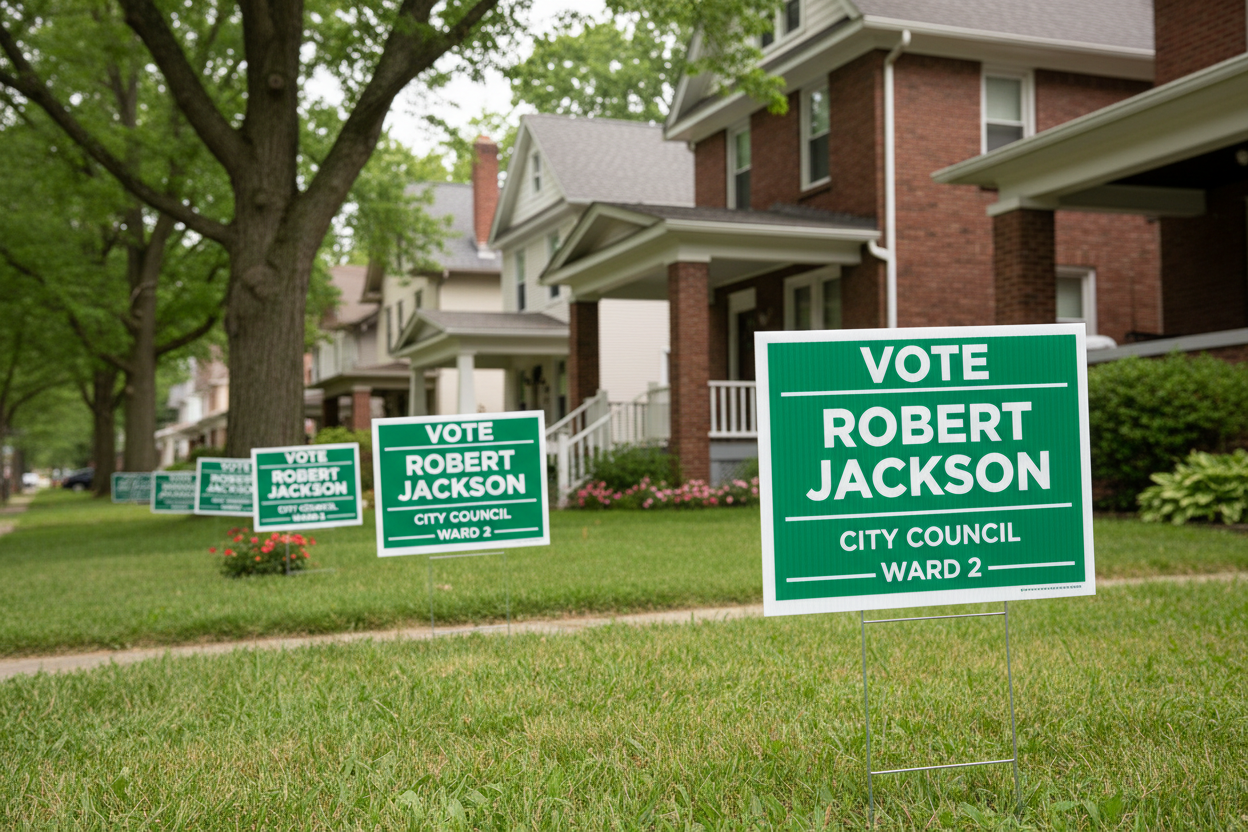 Campaign yard signs in Charleston WV residential area