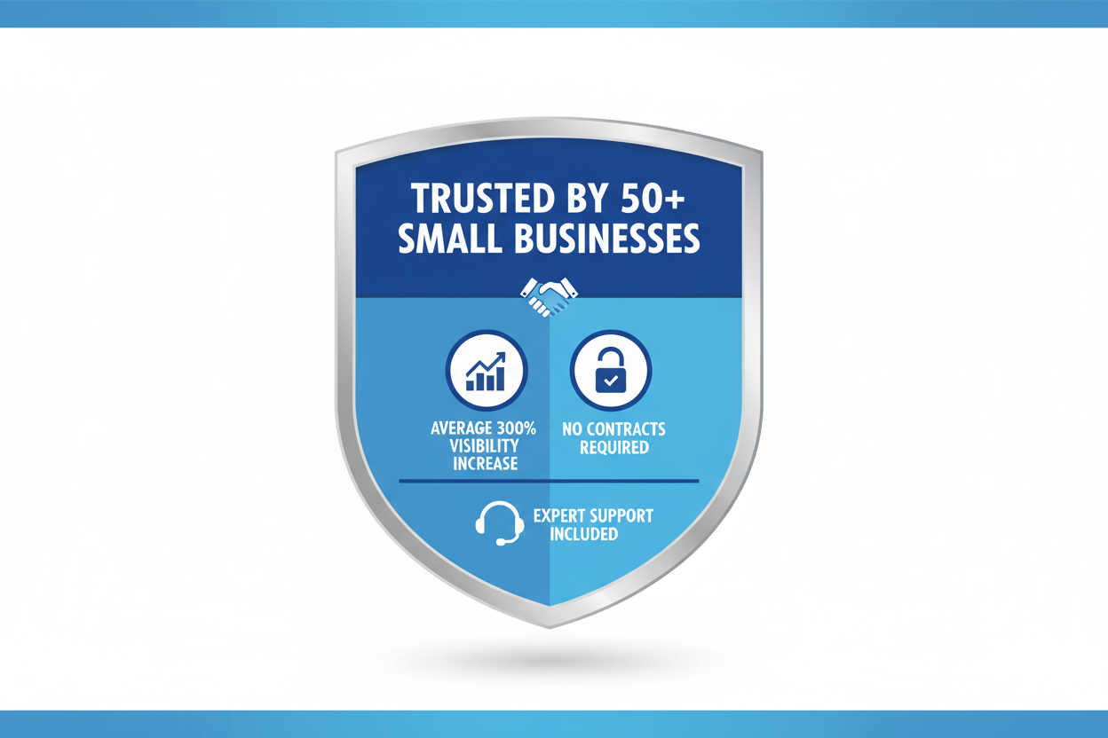 Trust badges showing 50+ small businesses served and 300% average visibility increase