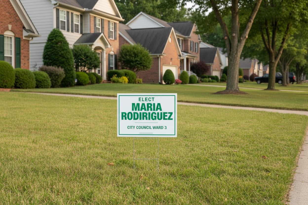 Professional yard signs for city council campaign in residential area