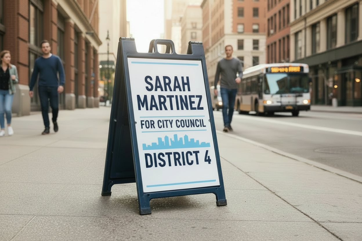 Professional A-frame campaign sign for city council candidate on busy sidewalk