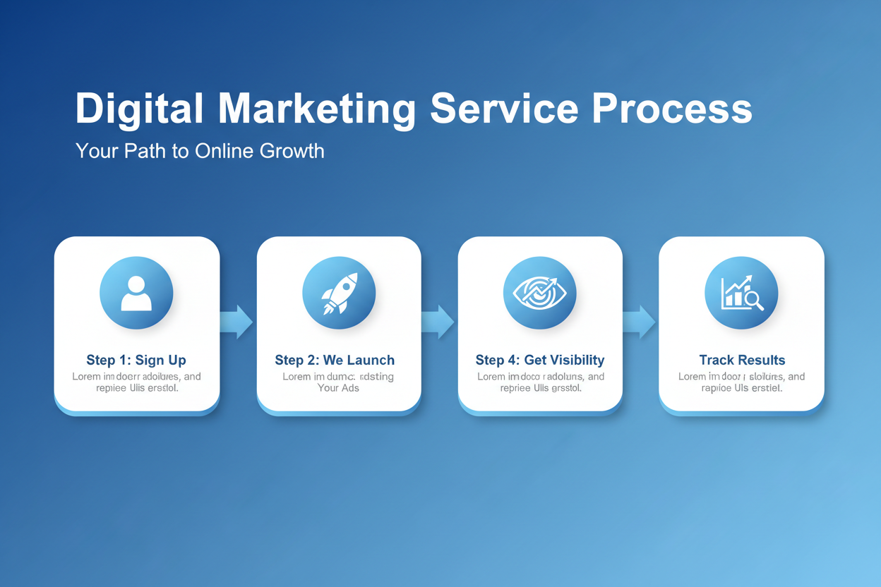 4-step process flow: Sign up, we launch your ads, get visibility, track results
